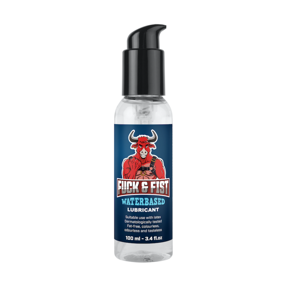 Luvland Fuck & Fist water-based lubricant bottle with clear label, designed for intimate use and smooth application.