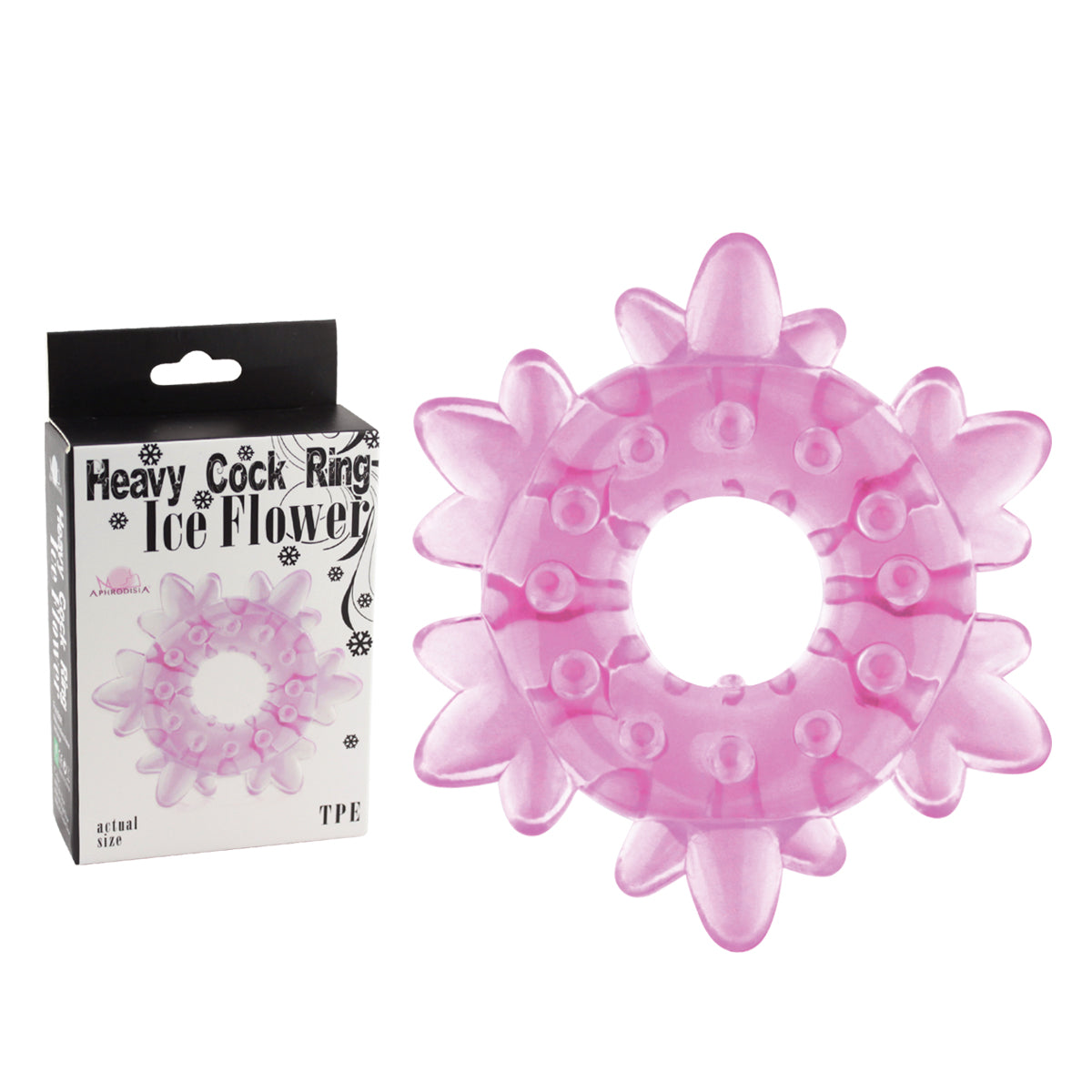 Pink and clear ice flower-shaped heavy cock ring by Luvland, showcasing its textured, floral design for enhanced sensation.