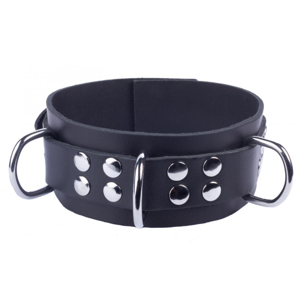 Leather collar from Luvland with metal buckle and D-ring, designed for bondage and BDSM play.