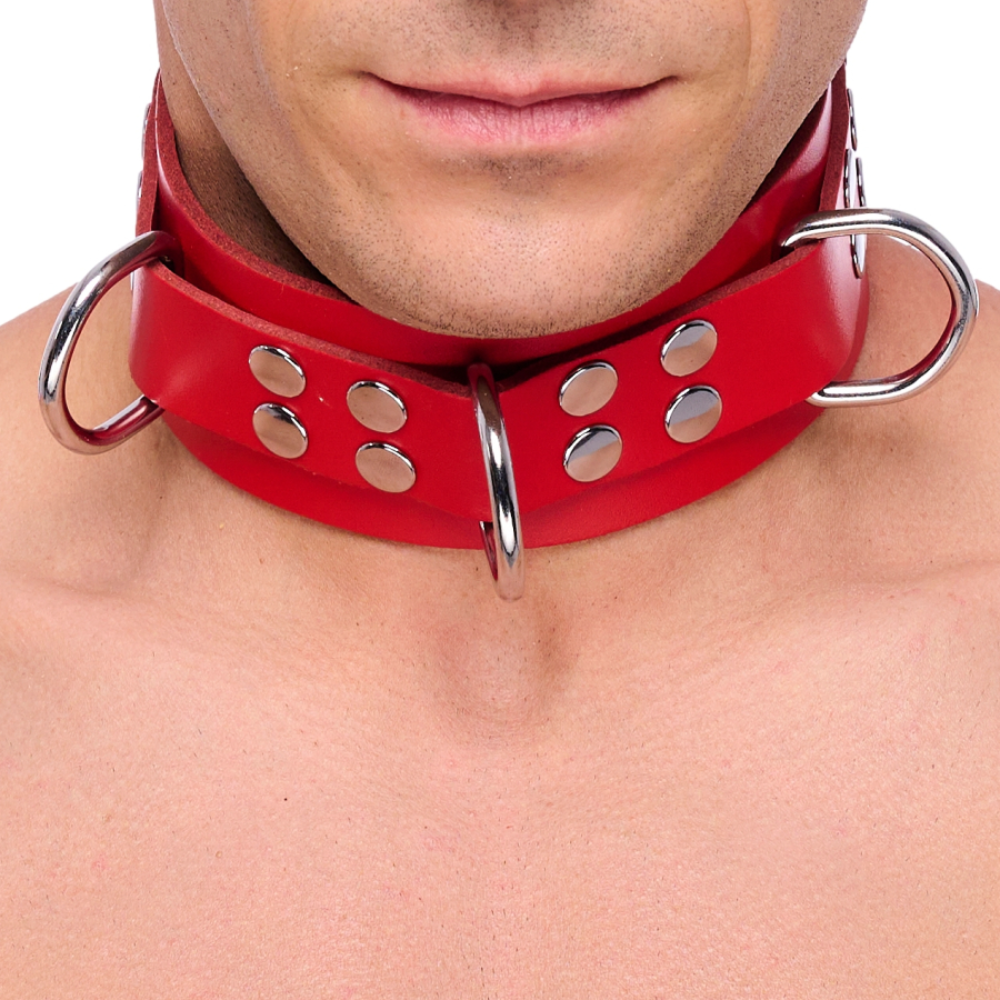 Leather collar with metal buckle and D-ring from Luvland's Fuck & Fist collection, featuring adjustable straps and bold design.