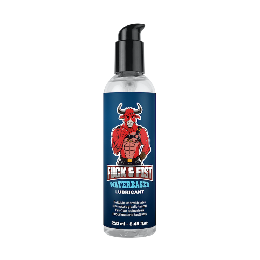 Luvland Fuck & Fist Waterbased Lubricant bottle with label, clear container showing the transparent lubricant inside.