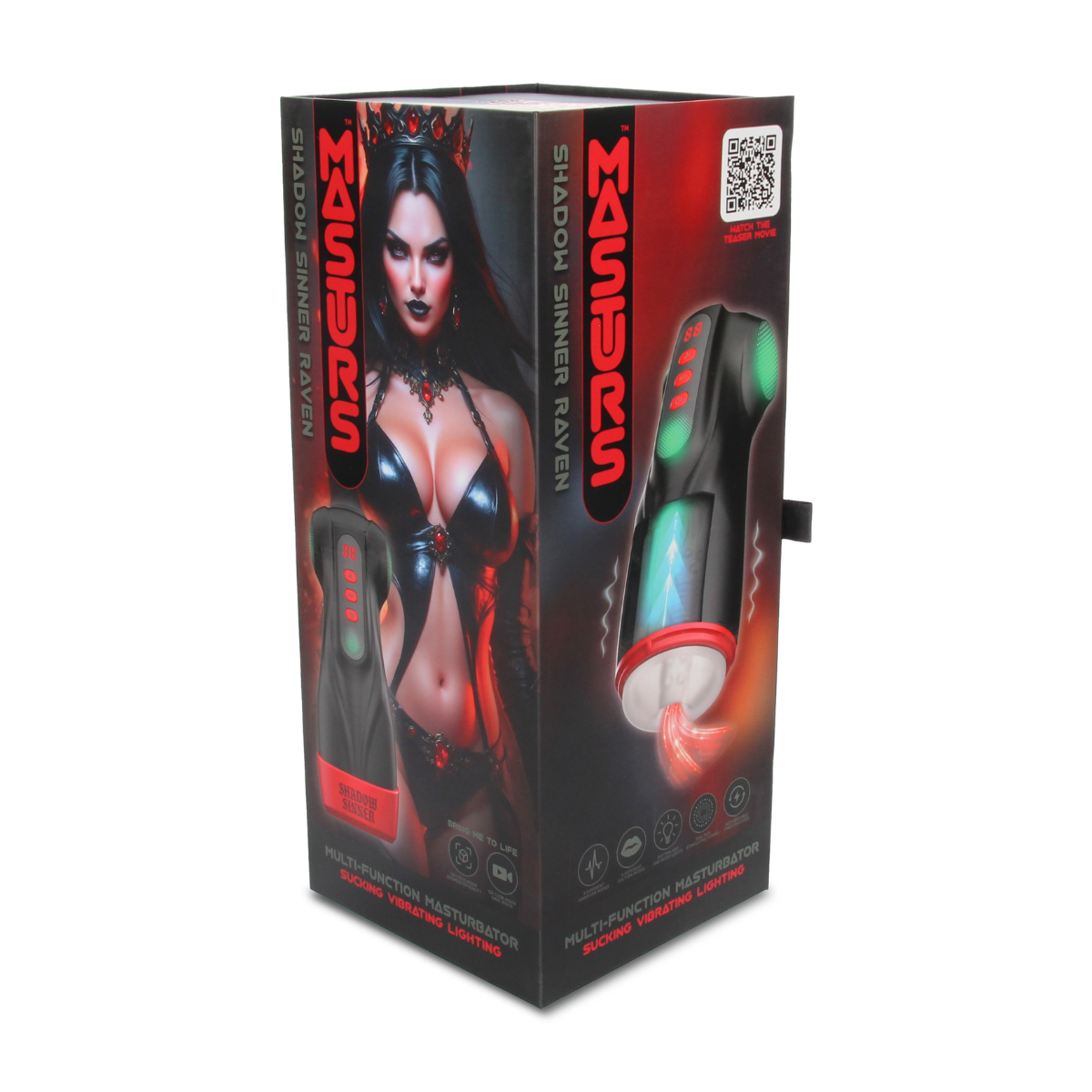 Shots Masturs Raven Shadow Sinner rechargeable vibrator with black textured body and control buttons visible in the image.