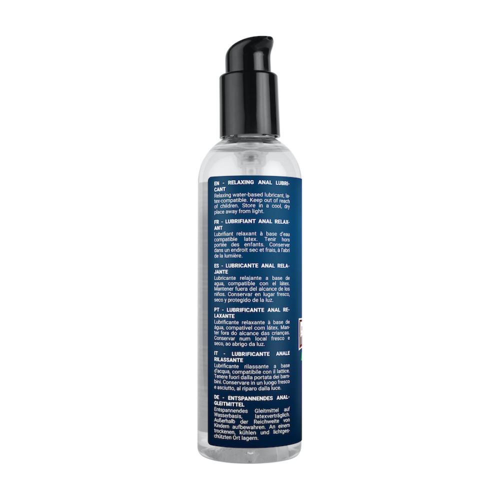 Luvland Fuck & Fist Waterbased Relax lubricant bottle with clear label and cap, designed for intimate use and ease of application.