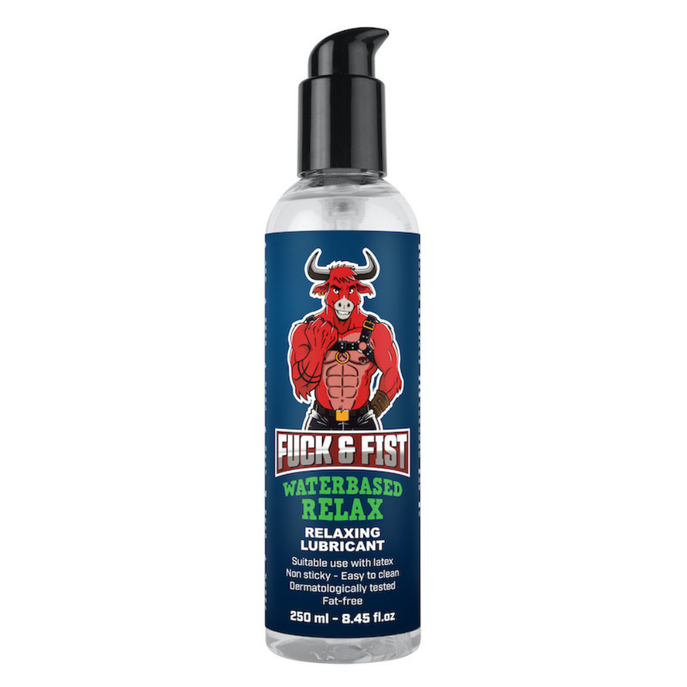 Luvland Fuck & Fist Waterbased Relax lubricant in a bottle, designed for smooth, comfortable intimacy and versatile use