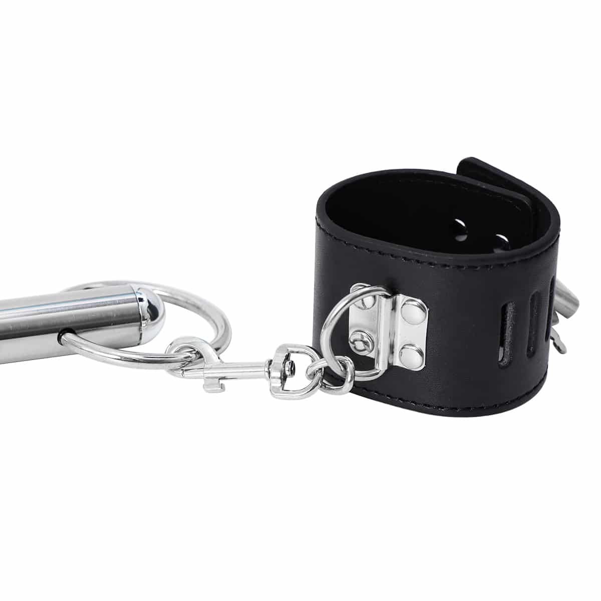 Leather wrist and neck cuffs attached to a metal bar, featuring sturdy straps and buckle closures for BDSM restraint use.