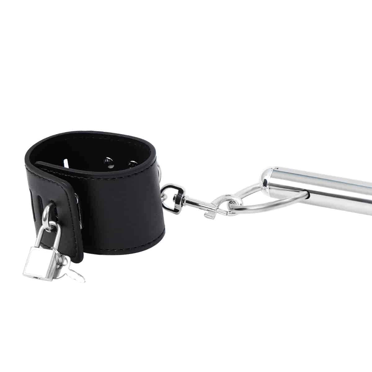 Ideal Leather wrist and neck cuffs attached to a metal bar, showcasing durable leather bondage restraints for BDSM play.