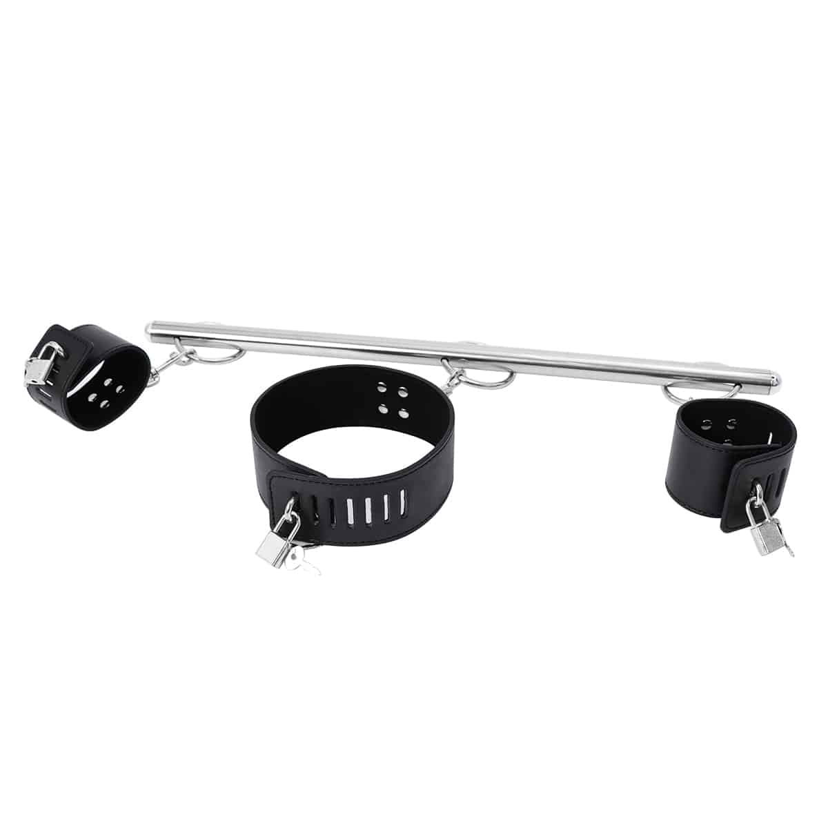 Ideal Leather wrist and neck cuffs hanging on a metal bar, showcasing their leather design and adjustable metal hardware.