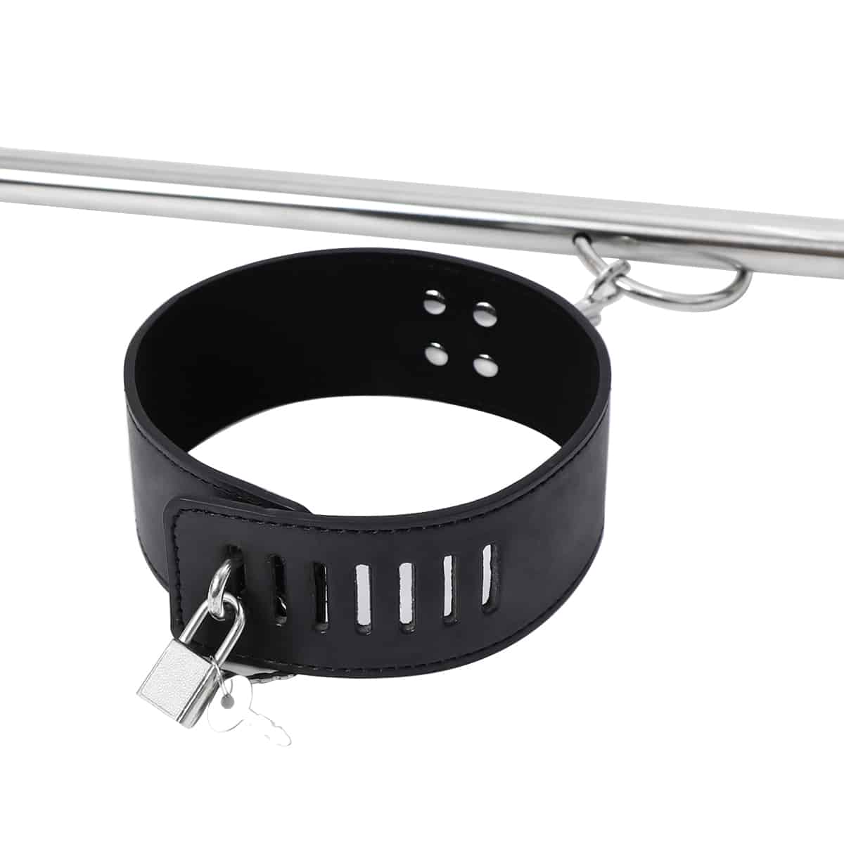Ideal Leather wrist and neck cuffs attached to a metal bar, showcasing their leather design and adjustable metal hardware.