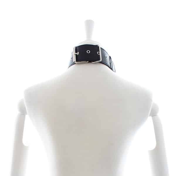 Black leather collar and handcuffs set by Ideal Leather, featuring sturdy straps and metal hardware for restraint and fashion.