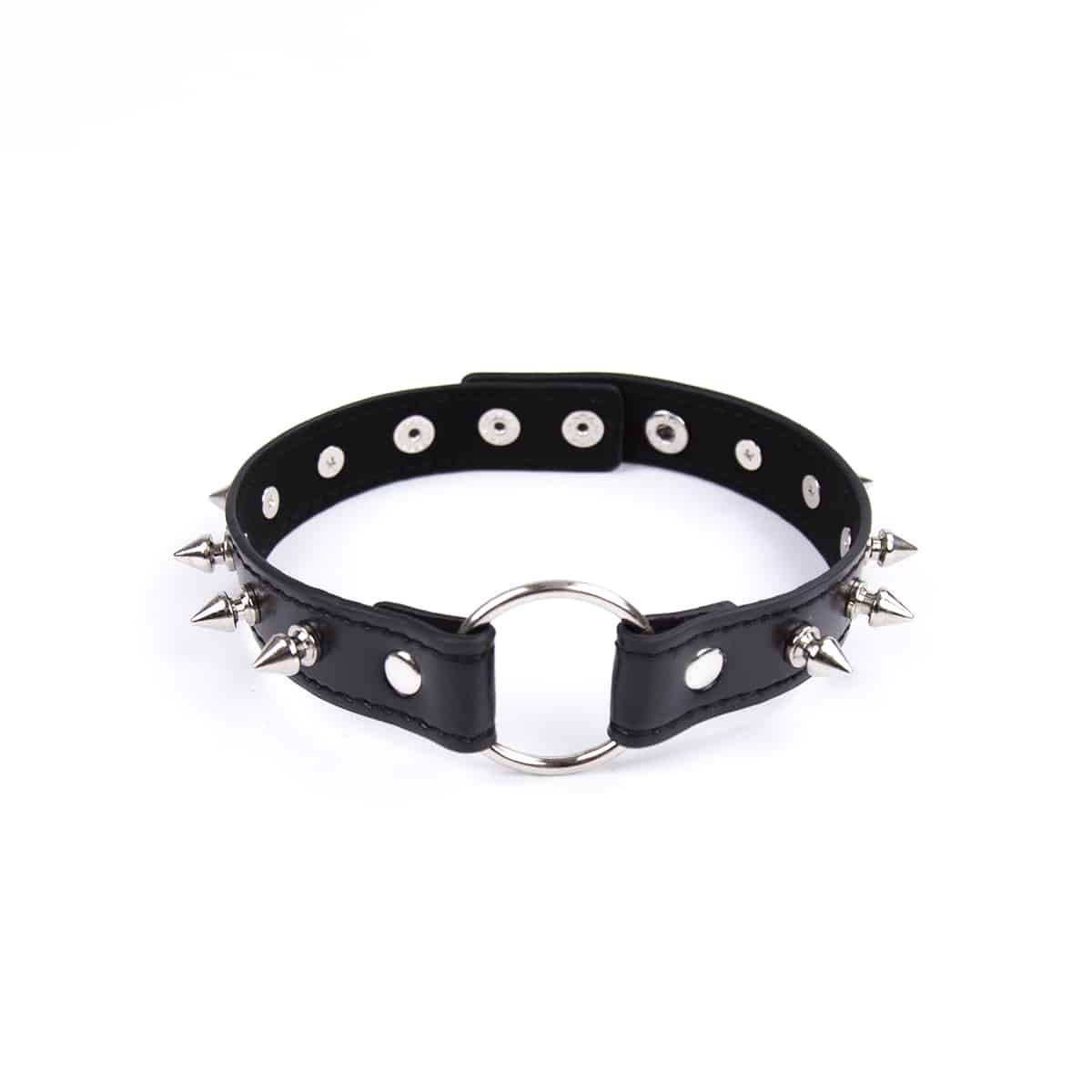 Black circle bit short spiked leather collar by Ideal Leather, featuring metal spikes and adjustable fit for canine fashion.