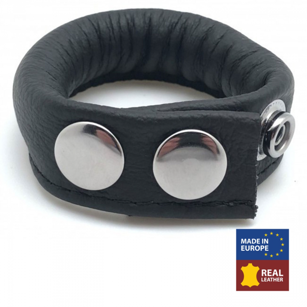 Luvland leather ball stretcher with adjustable straps for comfortable genital stretching and enhancement.