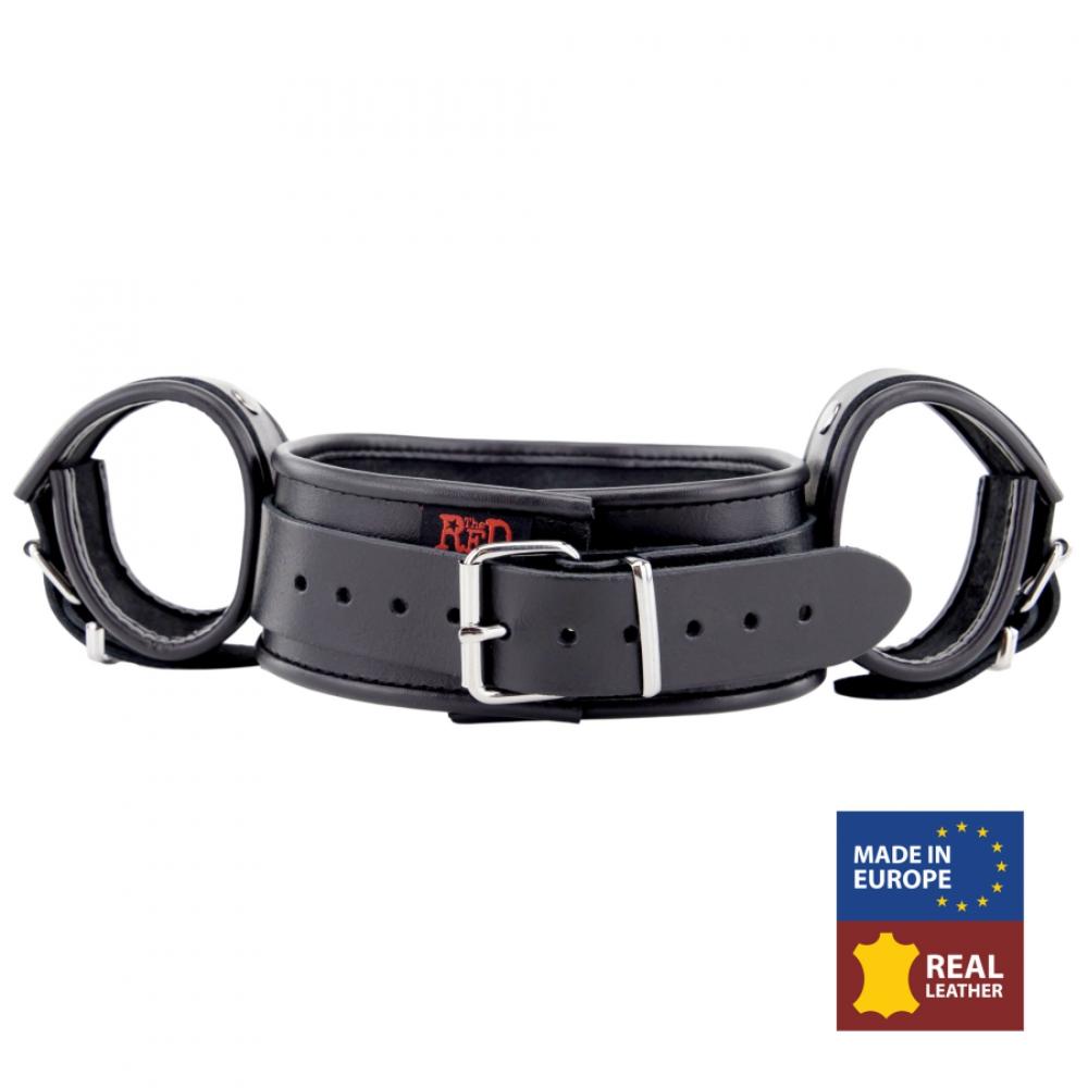 Black leather collar with built-in handcuff restraints from Luvland's Fuck & Fist collection, featuring adjustable buckle straps.