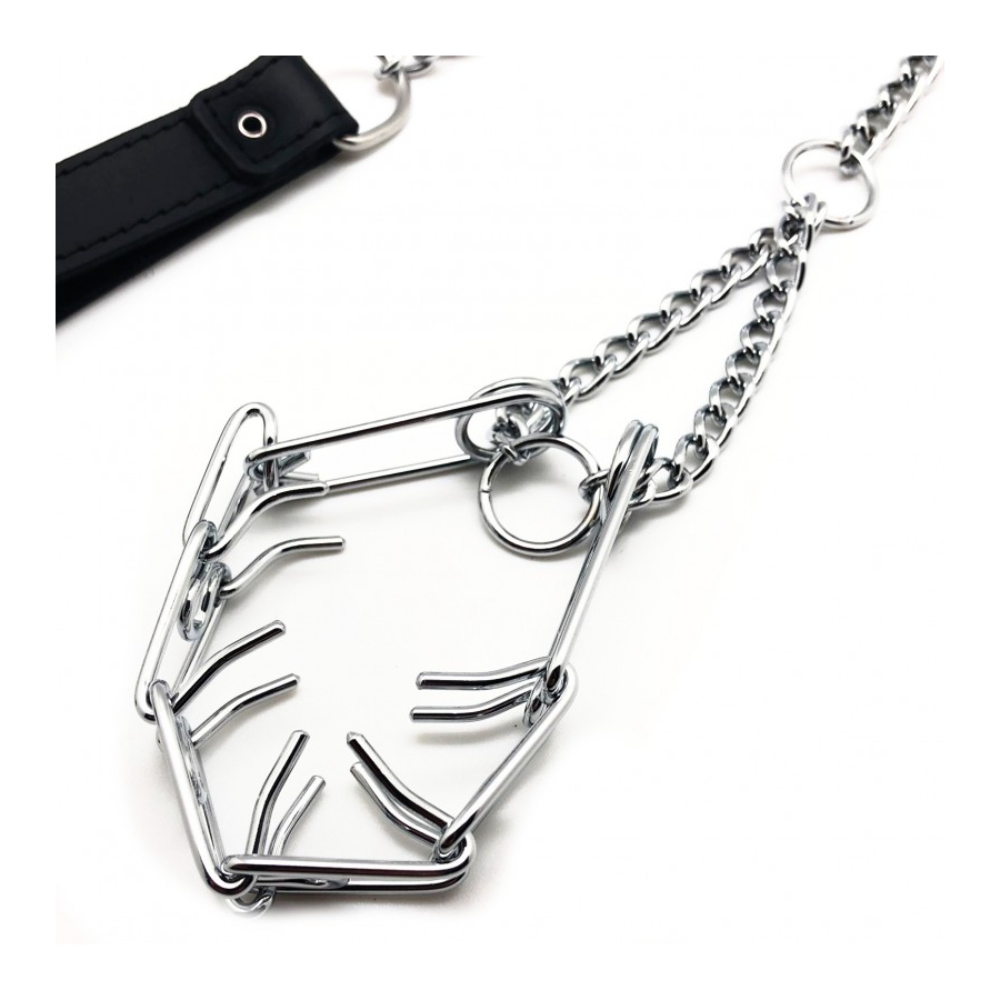 Leather penis collar and chain leash by Luvland featuring a sturdy leather strap and metal chain for BDSM restraint use.