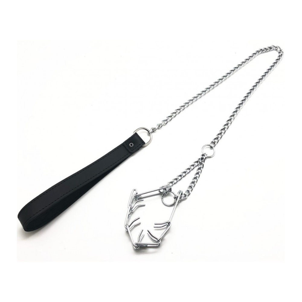 Leather penis collar with chain leash from Luvland, featuring durable leather and metal chain for BDSM role play accessories.