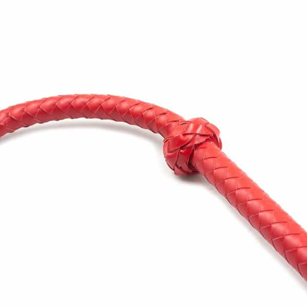Red leather arrow whip, 1.3 meters long, made by Ideal Leather, with detailed craftsmanship and a tapered handle.