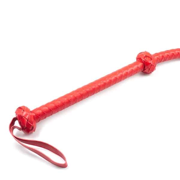 Red Arrow Whip by Ideal Leather, 1.3 meters long, with leather handle and braided leather strap, displayed on a plain background.