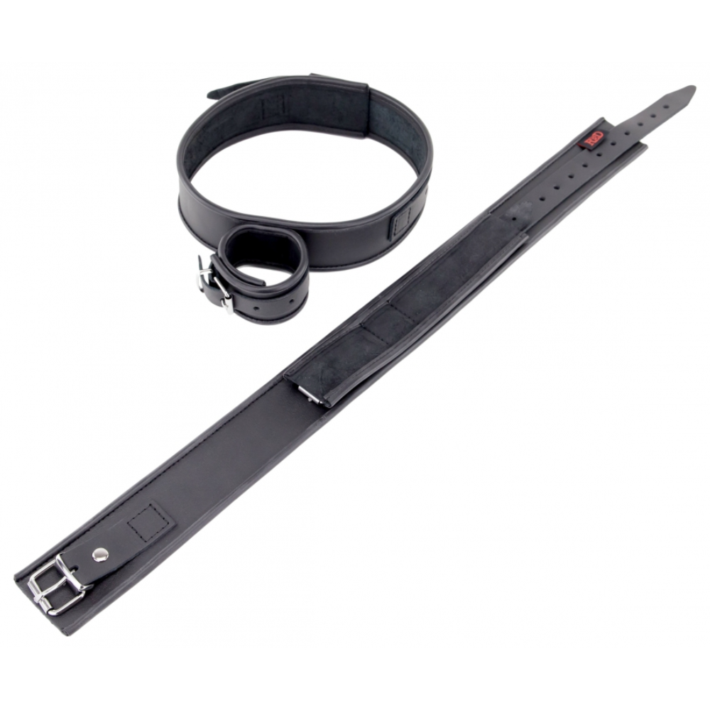 Black leather thigh and hand restraints by Luvland, featuring adjustable straps and secure fastening for BDSM restraint play.