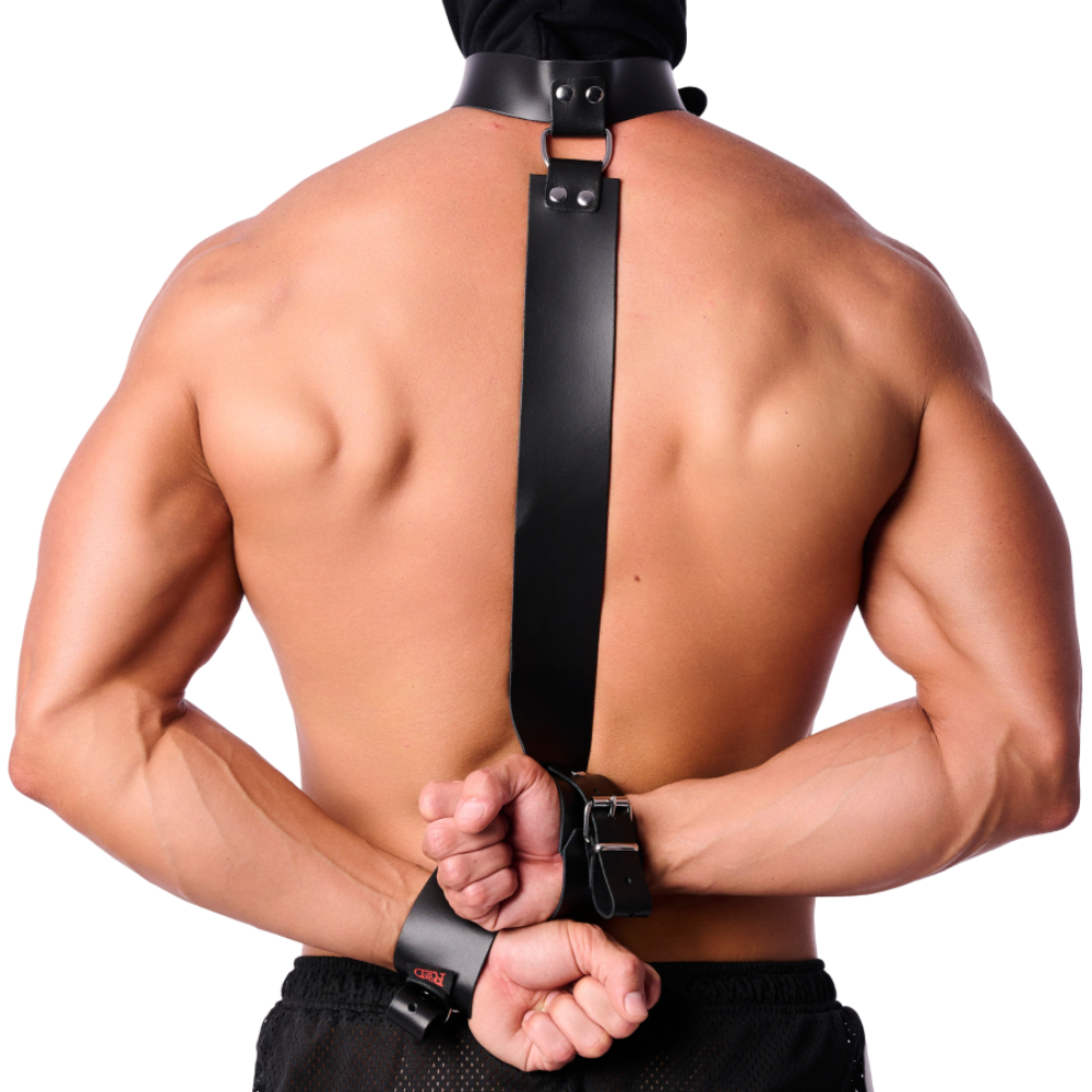 Black leather bondage collar and matching leather handcuffs from Luvland, featuring sturdy straps and metal hardware for restraint.