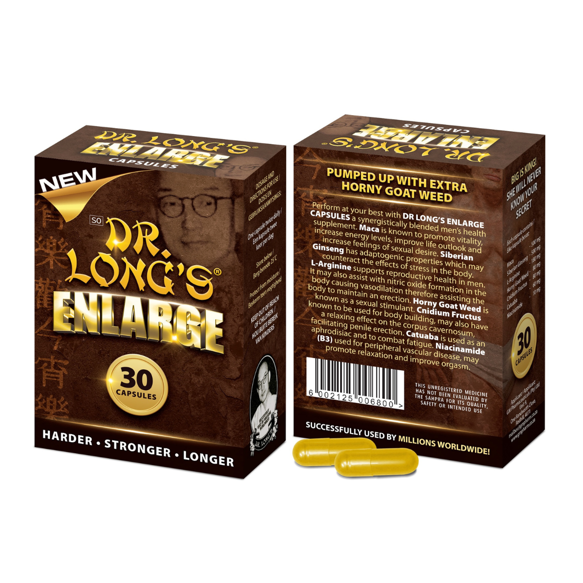 Luvland Dr Long's Enlarge Capsules bottle with capsules inside, dietary supplement for male enhancement and size support