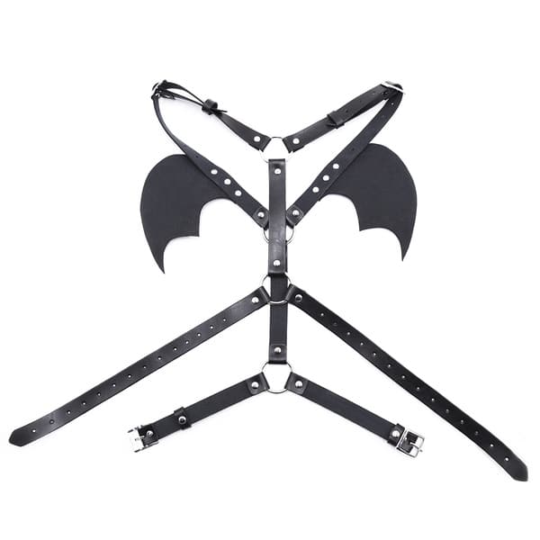Black leather body harness with wing accents from Ideal Leather, featuring adjustable straps and metal hardware for a bold look.
