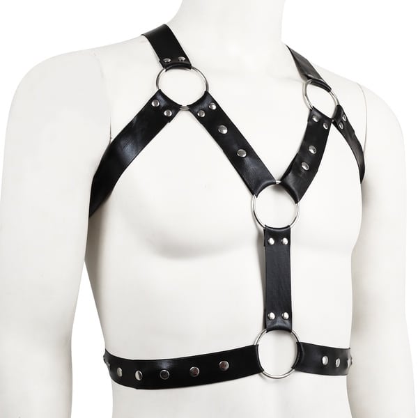 Black full body harness from Ideal Leather, showcasing adjustable straps and sturdy metal hardware for safety and comfort.