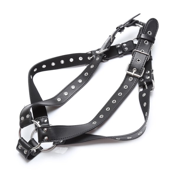 Black 4-strap body harness by Ideal Leather, featuring adjustable straps and a sleek design.