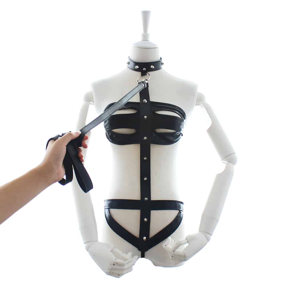 Black women's 1-piece neck bikini harness by Ideal Leather, featuring adjustable straps and stylish leather design.
