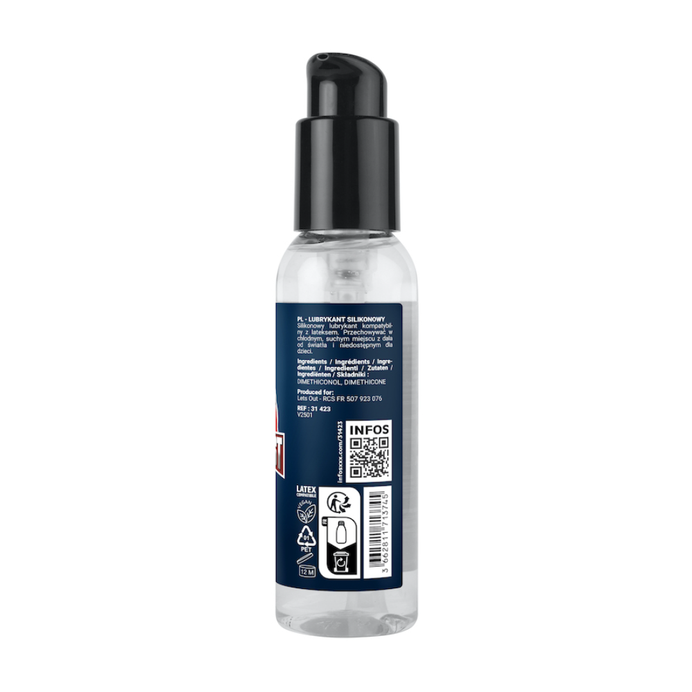 Luvland Fuck & Fist Silicone Lubricant bottle with white cap and clear silicone gel inside, designed for intimate use.