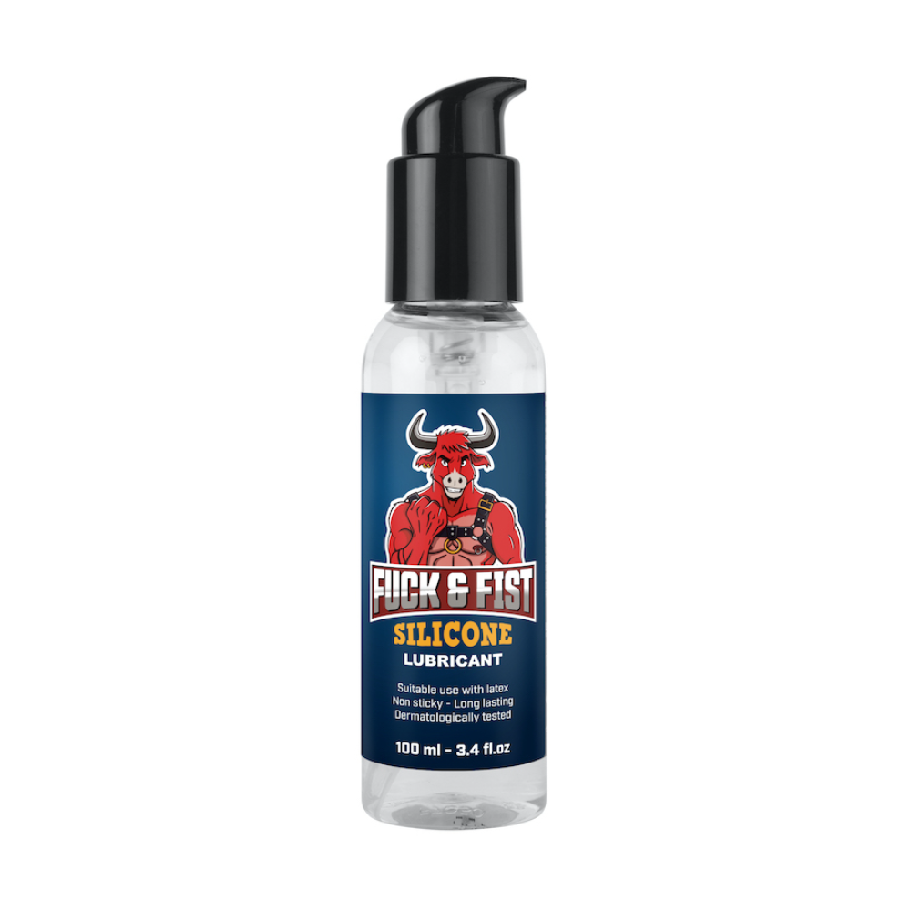 Luvland Fuck & Fist Silicone Lubricant bottle with black cap and clear body, showcasing the product label.