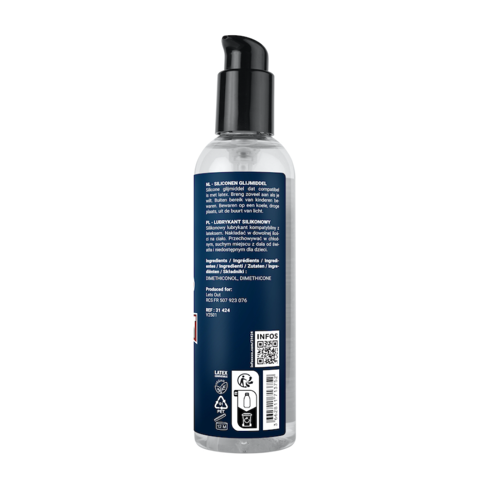 Luvland Fuck & Fist Silicone Lubricant bottle with black cap and clear label, designed for intimate use and smooth application.
