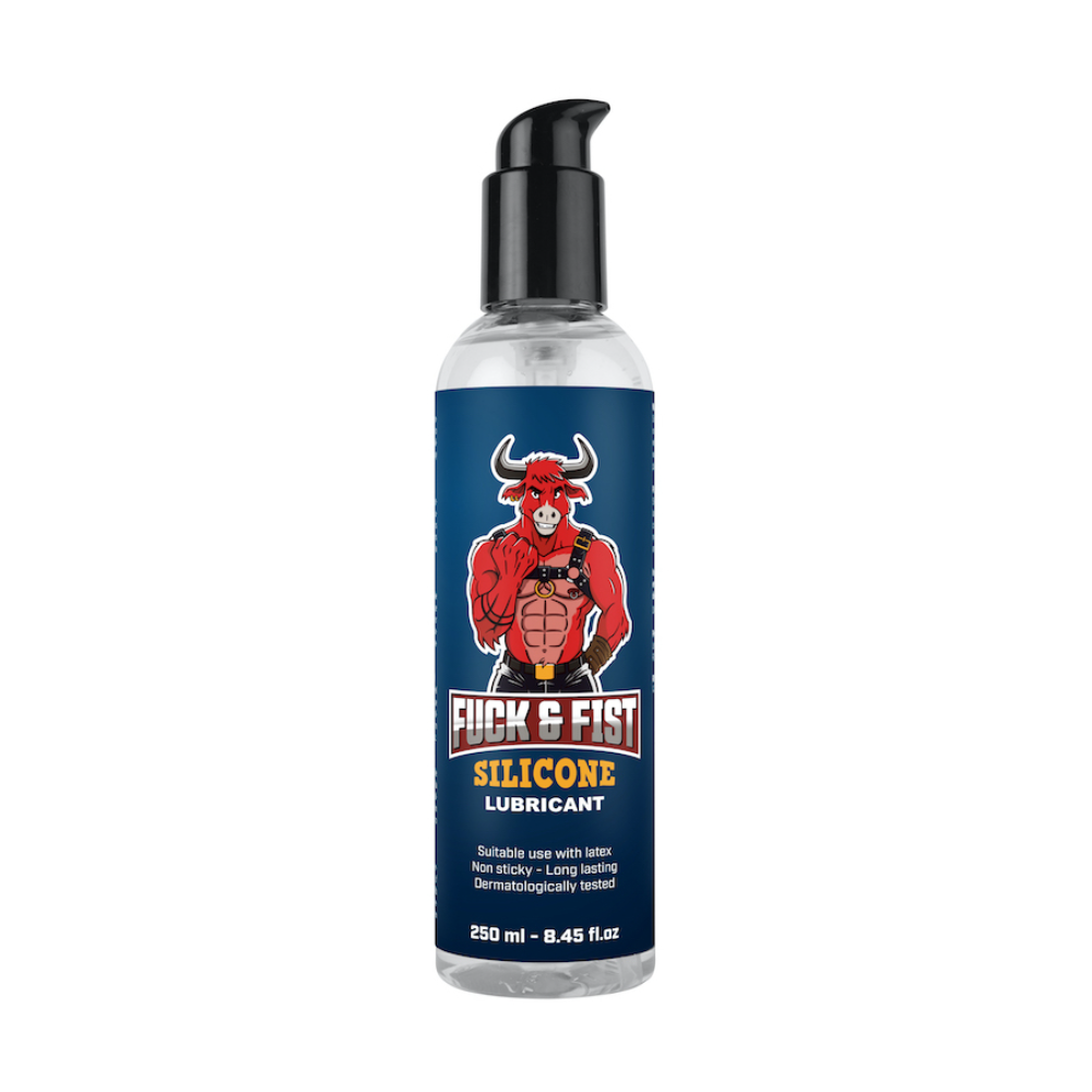 Luvland Fuck & Fist Silicone Lubricant bottle with black cap and clear body, designed for intimate use and smooth application.