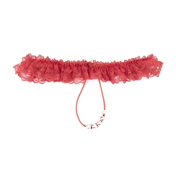 Luvland lace G-string with pearl embellishments, showcasing delicate floral lace and elegant pearl accents on sheer fabric.