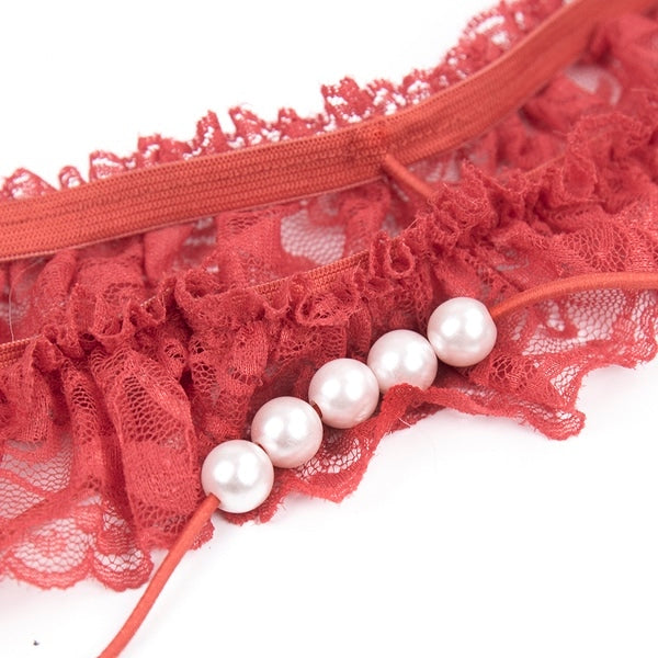 Luvland Lace G-String with pearl accents, featuring delicate lace fabric and small pearl embellishments, designed for intimate wear.