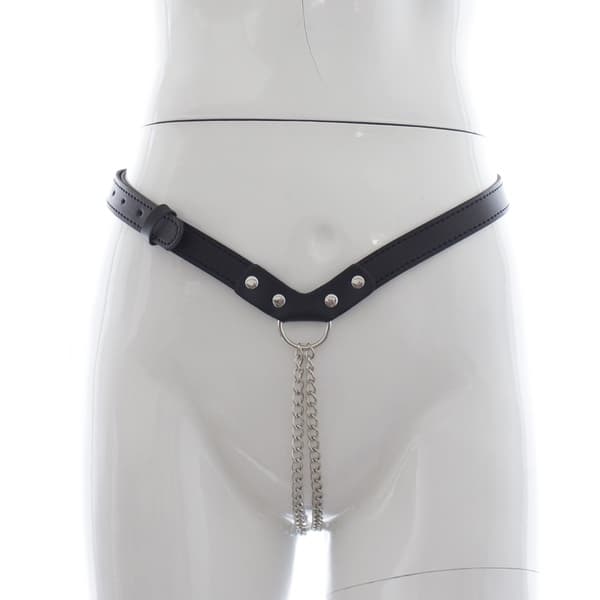 Black chained G-string lingerie from Ideal Leather, featuring a slim strap design with metal chain accents.