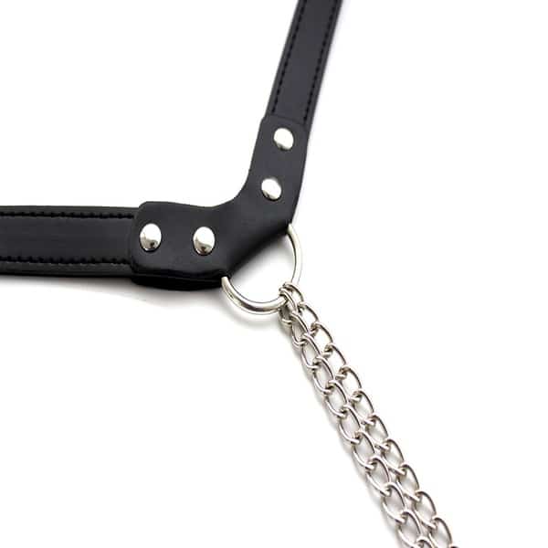 Black chained G-string from Ideal Leather featuring metal chain details and minimal coverage, designed for daring, stylish wear.