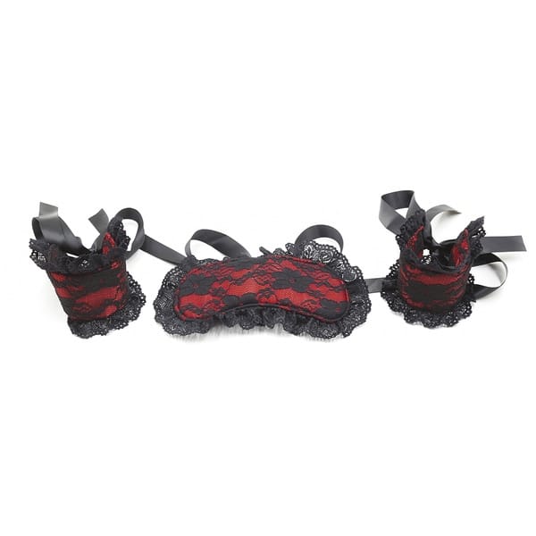 Luvland satin blindfold and cuffs set, soft satin material for sensory play, with adjustable cuffs and smooth blindfold for comfort.