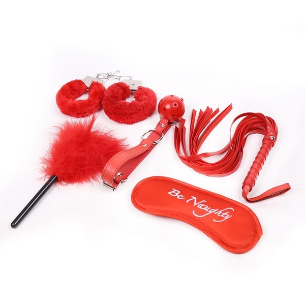 Red 5-piece bondage set from Ideal Leather, including restraints and accessories for BDSM play.