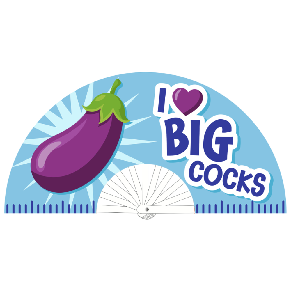 Luvland Fuck & Fist handheld fan with "I Love Big Cocks" design, 64cm length, featuring bold graphic and vibrant colors.