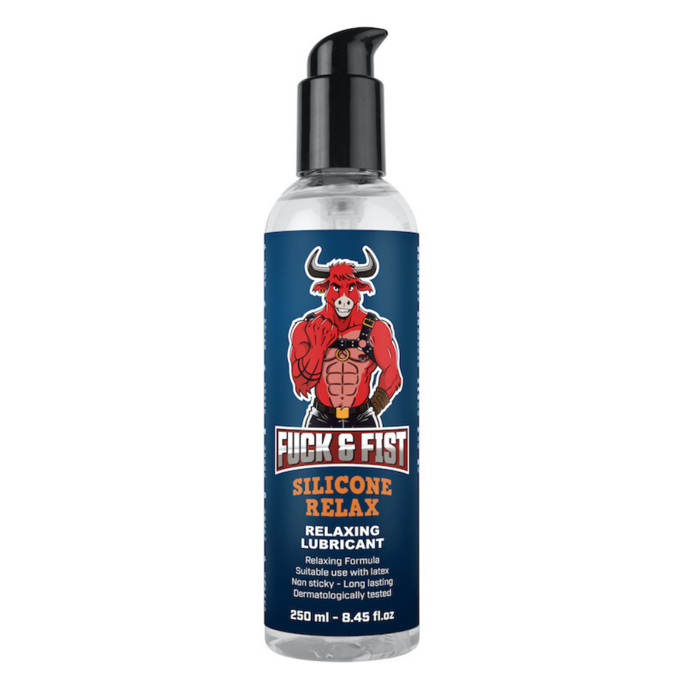 Luvland Fuck & Fist Silicone Relax lubricant bottle, 250ml, with a sleek black cap and clear label featuring product details.
