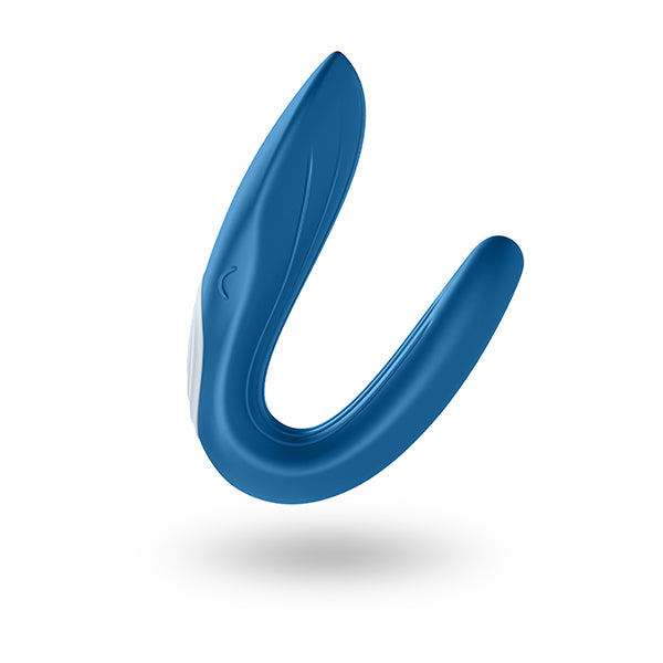 Blue Satisfyer Double Whale sex toy with dual stimulator design, featuring whale-shaped shapes and textured surface.