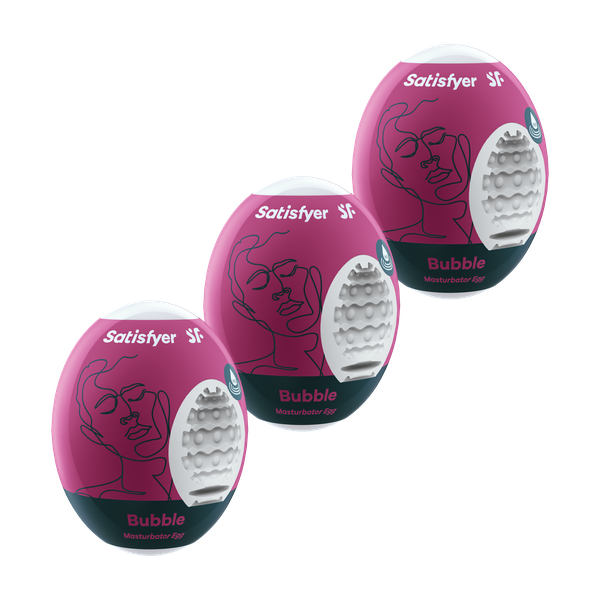 Set of three Satisfyer Masturbator Eggs with bubble texture, designed for discreet pleasure and realistic sensation.