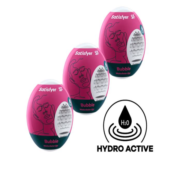 Set of three Satisfyer Masturbator Eggs with bubble texture, designed for intimate pleasure and discreet use.