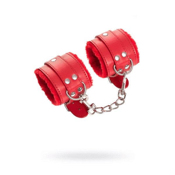 Red Anonymo Wrist Cuffs by Toyfa, adjustable BDSM restraint with secure buckle and metal hardware for adult role play.