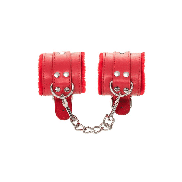 Red Anonymo Wrist Cuffs by Toyfa, featuring adjustable straps and metal hardware for secure restraint.