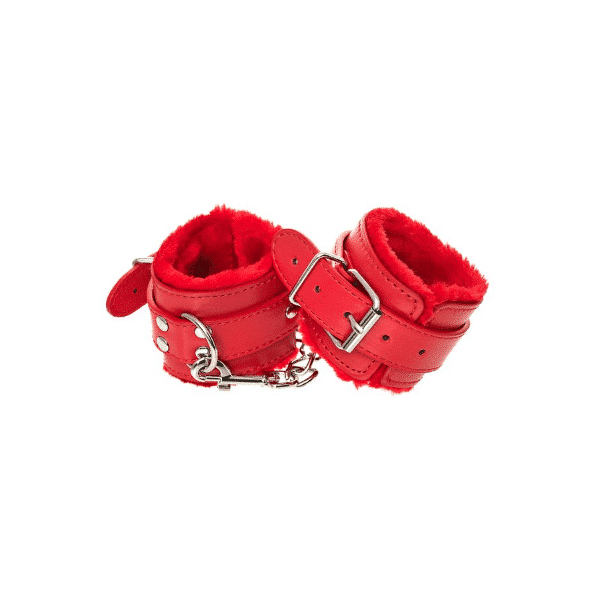 Red Anonymo Wrist Cuffs by Toyfa, adjustable metal restraints with leather straps for cosplay or costume accessories.