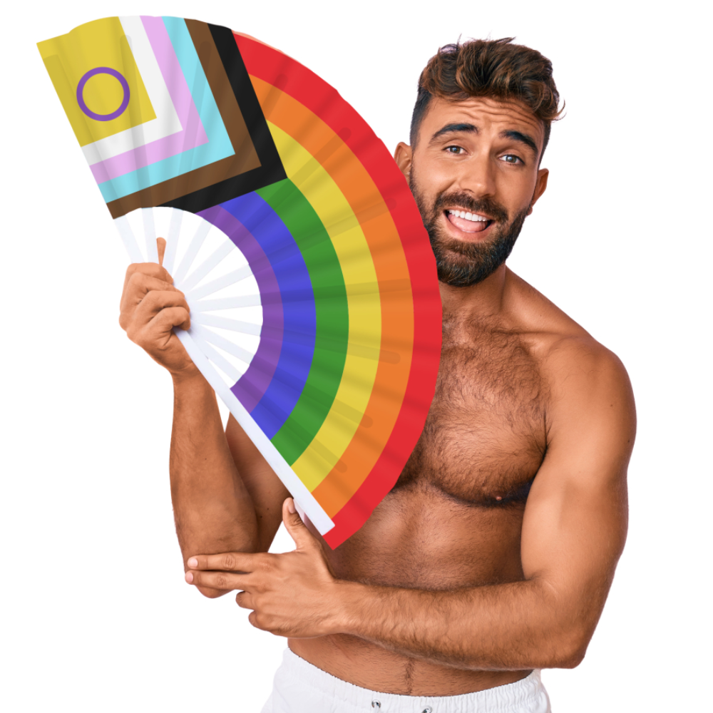 Luvland Fuck & Fist handheld rainbow LGBTQIA+ fan, 64cm, with vibrant rainbow colors and detailed fist design.