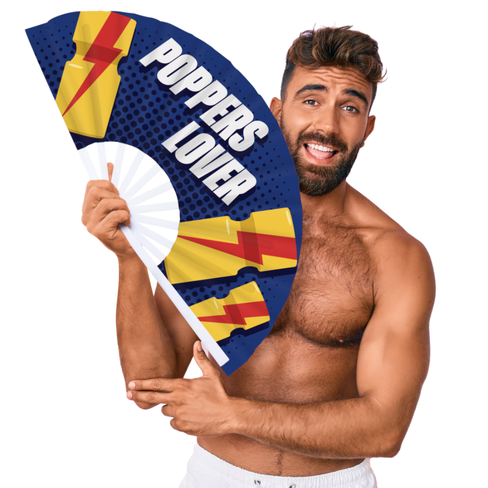 Luvland Fuck & Fist Handheld Fan Poppers Lover 64cm, black plastic fan with detailed graphic design, compact and portable.