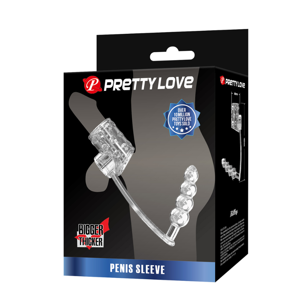 Pretty Love Rilley penis sleeve with anal beads shown, featuring textured design for enhanced pleasure and stimulation.