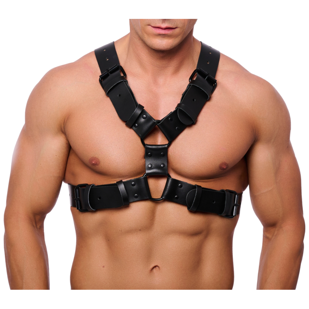 Black leather chest harness by Luvland featuring adjustable straps and metal hardware for a bold, edgy look.