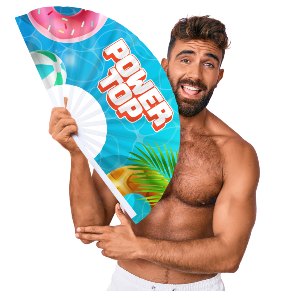 Luvland Fuck & Fist handheld fan with a 64cm power top, featuring bold graphic design and portable handheld fan style.